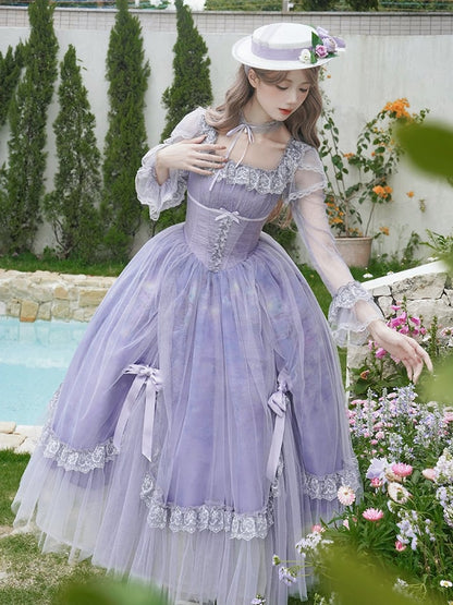 Drucken Lily Lange Öl Kleid Wasser Ausschnitt Malerei Ärmel Lila Lolita Rock Klassische Quadrat