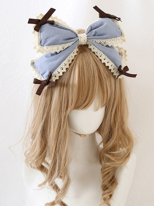Hairclip Brown Lace Blue - Dusty Sweet Oversized Bowknot / Green Lolita trimmed