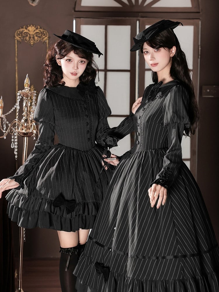 Black Striped Long Sleeve Short Lolita OP Dress with Mini Hat & 2-Way Bow Brooch Set - With PUJI