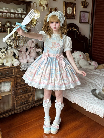 Print Overall Plush Toy Teddy Sweet Blue Dress Bunny Lolita and
