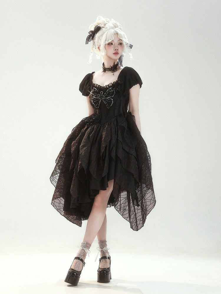 Butterfly Motif Puff Sleeve Lolita Top and Asymmetrical Hem Skirt Set in Black - Sweet Wood Lolita
