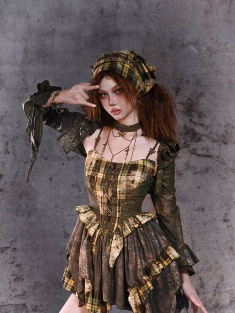 Green Asymmetrical Ruffled Cuff Shrug with Flutter Sleeve Detail