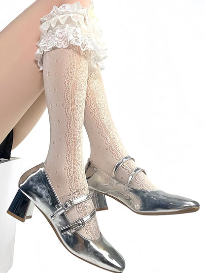 Trim Bowknot Beige Decorated Under-Knee Lace And Wings Stockings Lolita Beaded