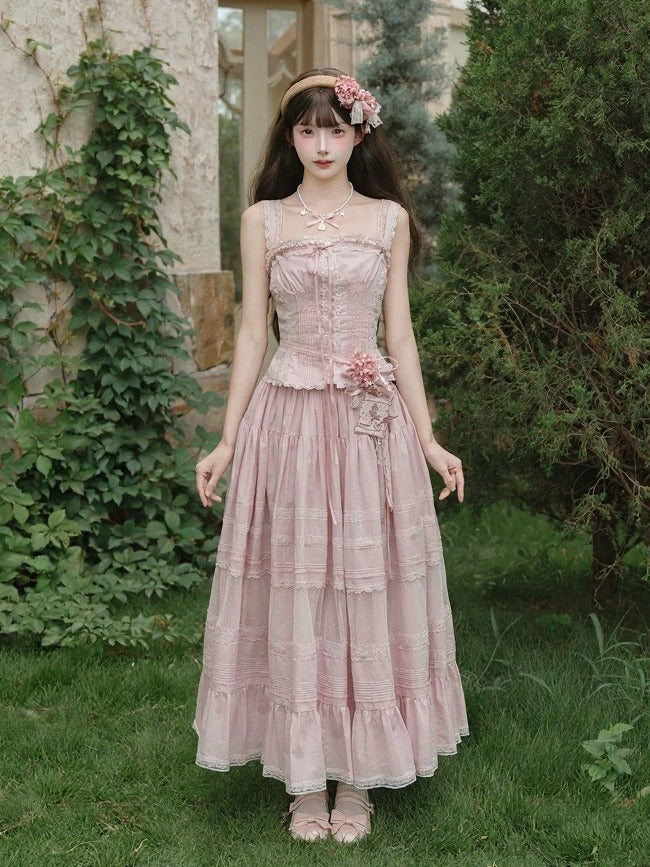 Pink Sleeveless Lace Top with Floral Belt and Skirt - Penny House