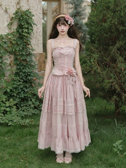 Pink Sleeveless Lace Top with Floral Belt and Skirt - Penny House