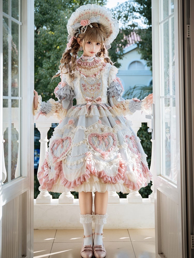 Wunderschönes Hanayome Lolita-Kleid mit Rosettenstickerei und Perlenkettendetails, Hellgrau