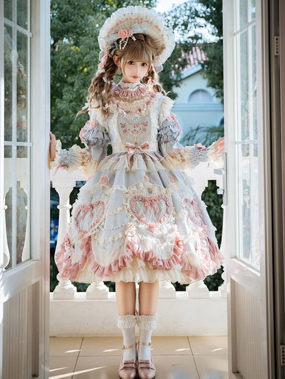 Wunderschönes Hanayome Lolita-Kleid mit Rosettenstickerei und Perlenkettendetails, Hellgrau