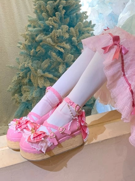 Dark Pink Removable Organza Bow Accents Hanayome Lolita Platform Shoes