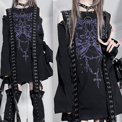 ショルダープリント ブラックパープル カットアウトトップ エモ スケルトン パンク レター ロングスリーブ