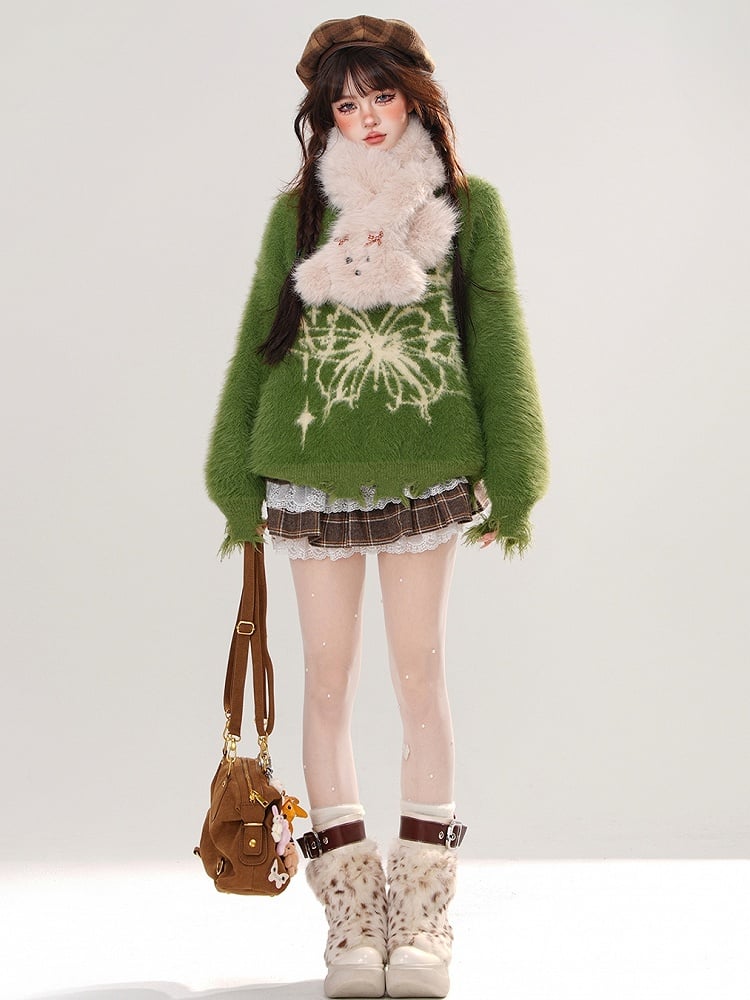 Rot/Grüne Schleife und Schmetterling Neckholder Mohair Weicher Pullover Distressed Trim