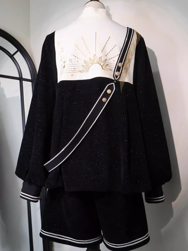 Black Ouji Preppy Style Full Set-Black Glittering Waffle Top + Shorts + Hat