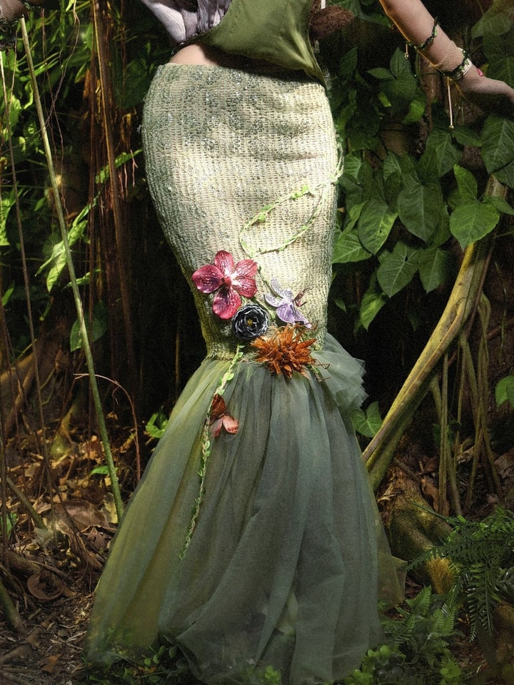 蝶と花柄のグリーンフォレストフェアリーゴスダブルレイヤーチュールヘムマーメイドスカート