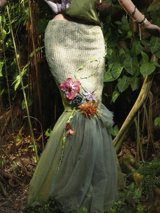 Waldverzierter Rock Fee Goth und Saum Tüll Floral Doppellagig Grün Schmetterling Meerjungfrau