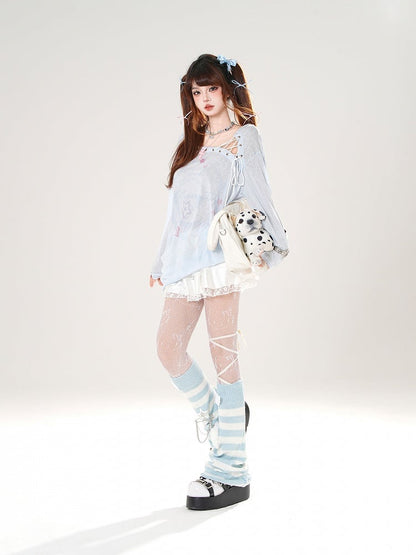 Semi-sheer Coverup Lace-up Asymmetrical Neckline Blue/White