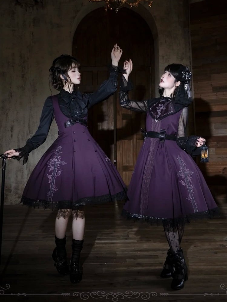 Embroidered Gothic JSK with Lace Accents - iris de nuit