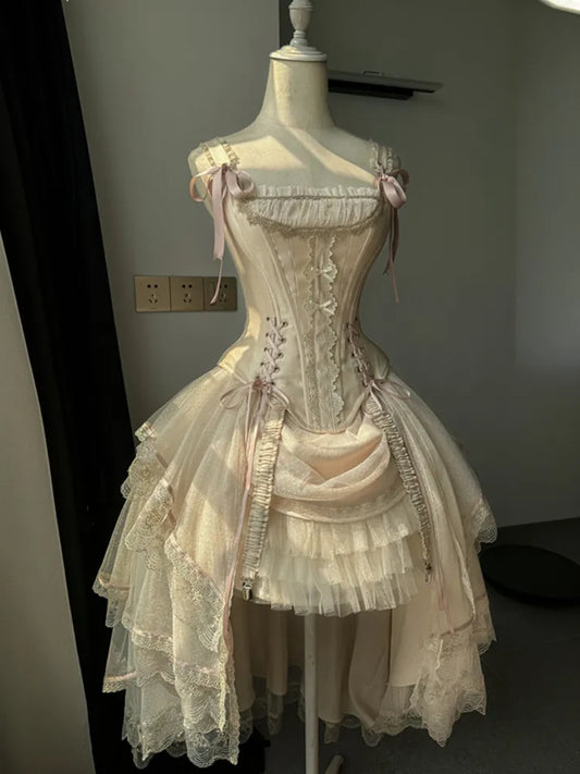 Champagne Lace-up Details Boned Corset Top + High-low Layered Lolita Skirt BE002