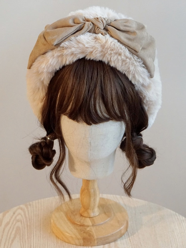 Khaki Plush Hat Bowknot Winter