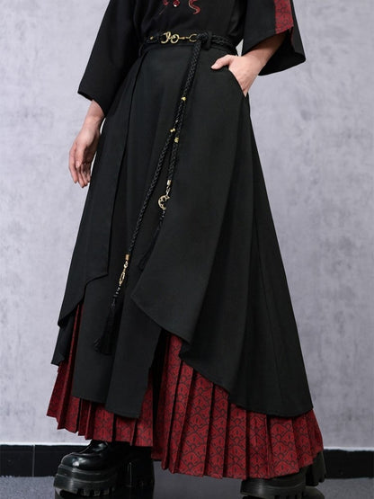 Double-Layer with Thicken/Thin Hem Print Cheongsam Red Pleated Black Snake Skirt Asymmetrical