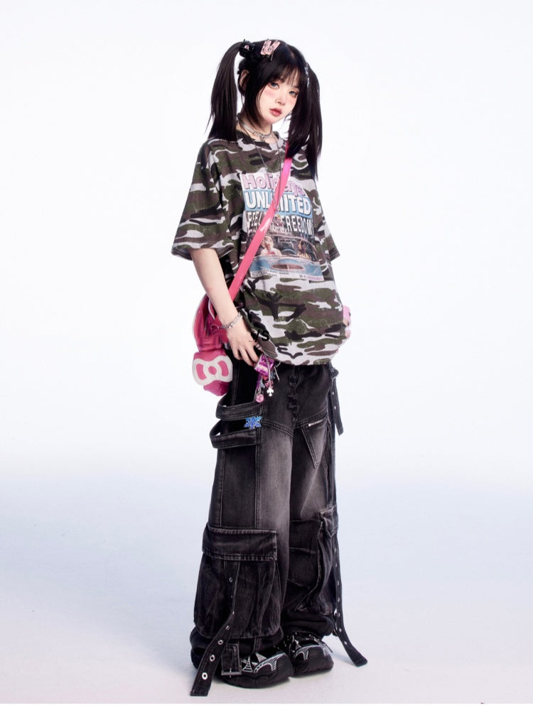 迷彩柄ラウンドネックレタープリントヴィンテージルーズTシャツ