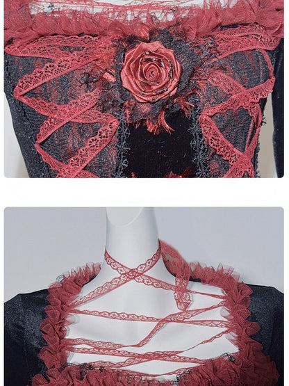 GothicBlack and Red Lace Square Neck Rosette Top