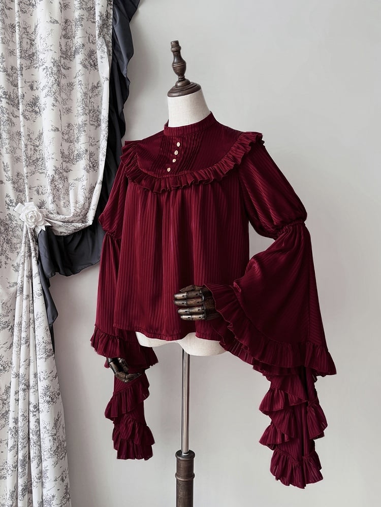Striped Bell Fabric Gothic Blouse Sleeves Red Flounce