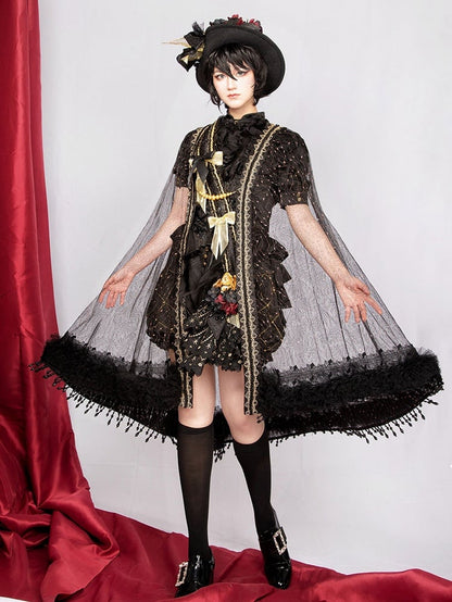and Fringe Sheer Gold Tulle Black Beaded Cape Ouji with Lolita