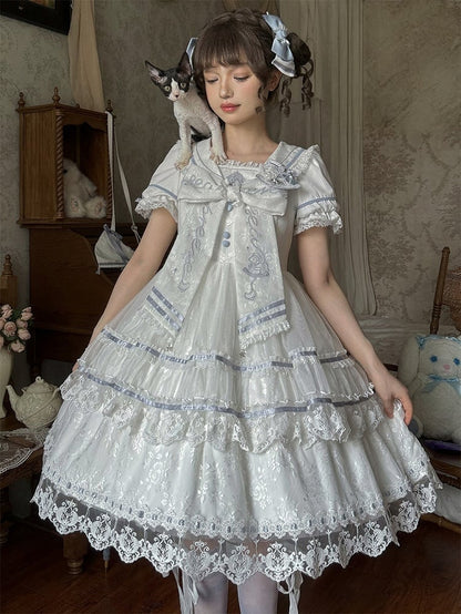 Ivory and Azure Lace Sailor Gown with Stitched Accents - Honey Machine