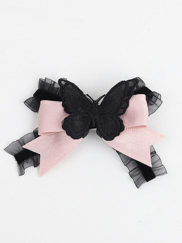 Lace Hairclip Pink Lolita Butterfly Black Bowknot Sweet-Edgy