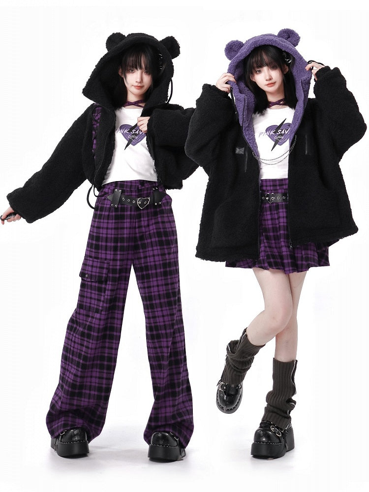 Purple Plaid Pants Heart Buckle Pattern Trendy - PINK SAVIOR