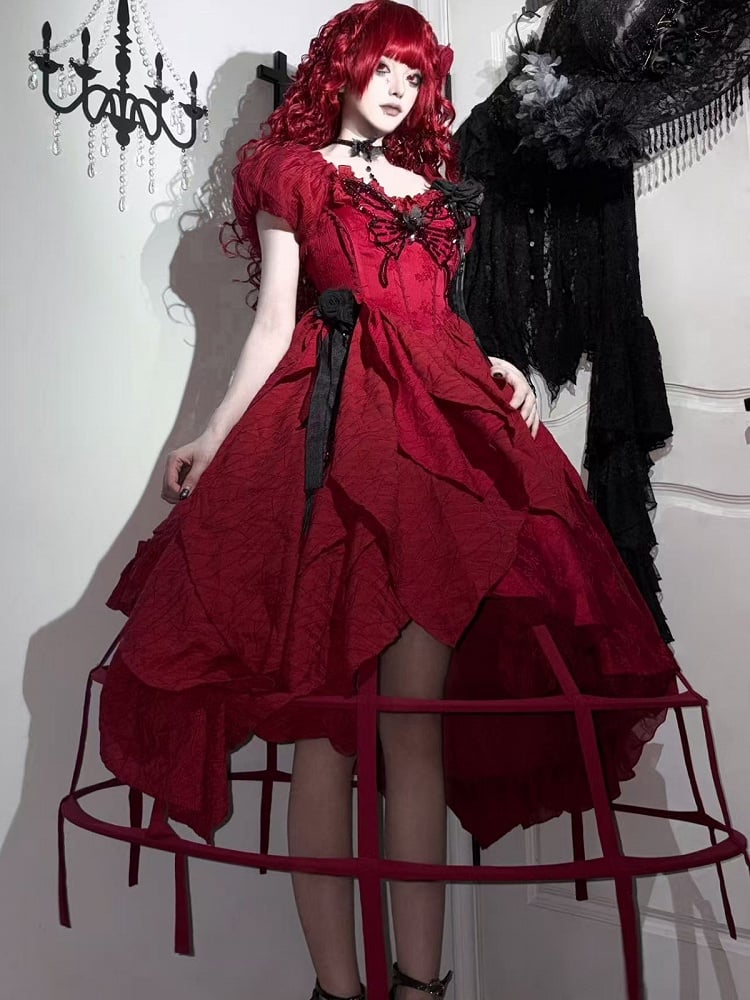 Red Butterfly Rhinestone Detail Puff Sleeve Lolita Top and Asymmetrical Hem Skirt Set - Sweet Wood Lolita