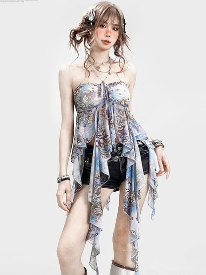 ブルーホリデーフリルプリントトップチューブアクセントデザインカスケーディング