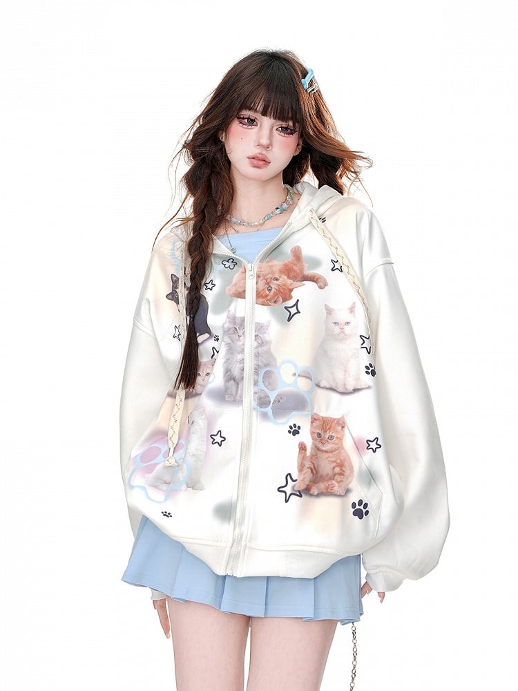 Weiß/blauer lockerer Kapuzenpullover mit Katzen-Print und Reißverschluss