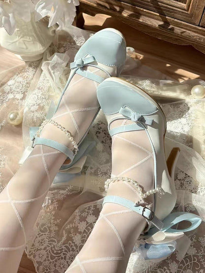 Classic Bow Elegant Embellishment Blue with White Detachable Lace Back Charm High-heel Chain Beaded Shoes