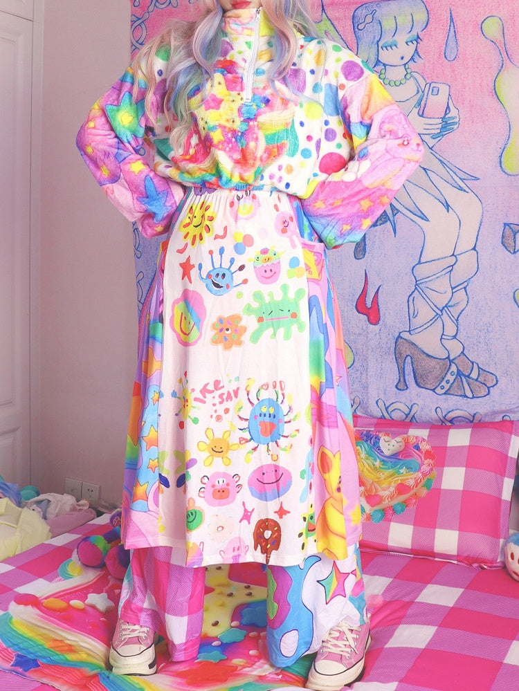 漫画プリントのカラフルなAラインの伸縮性ウエストスカート Y2K