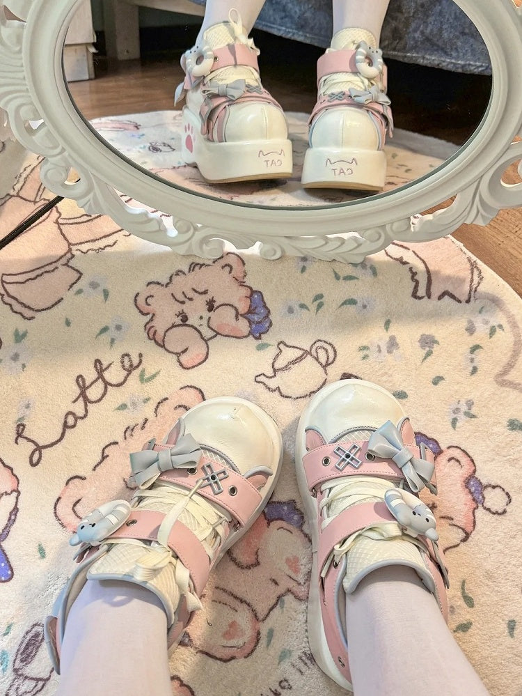 Lolita Sweet Embellishments Pink Bow Platform Regular/Thicken Shoes Paw Version - Themed Motif with Kitty White Embroidery