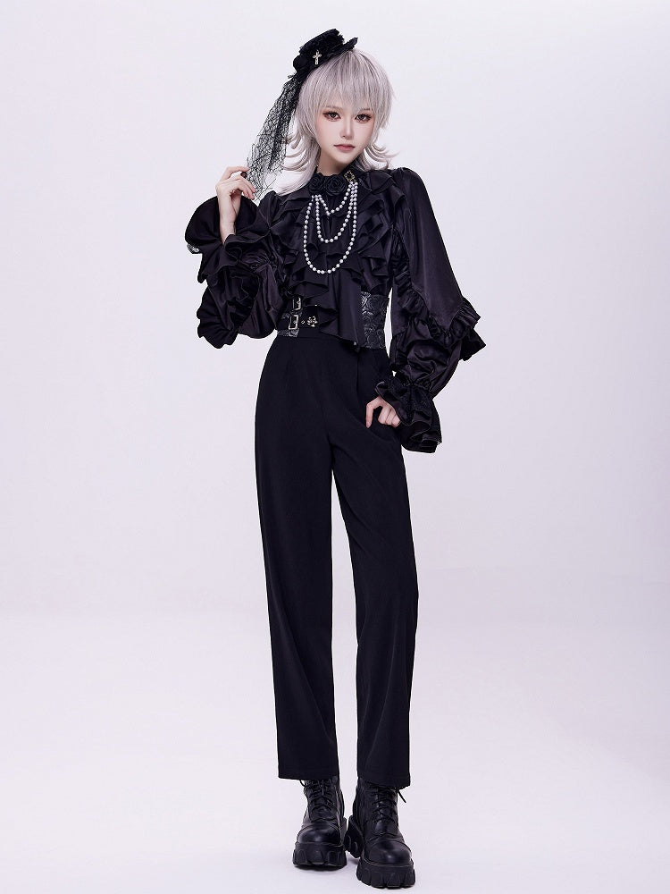 All-Black Ruffled Bodice Shirt with Flounce Trim and Long Sleeves - DevilInspired Exclusive Collection