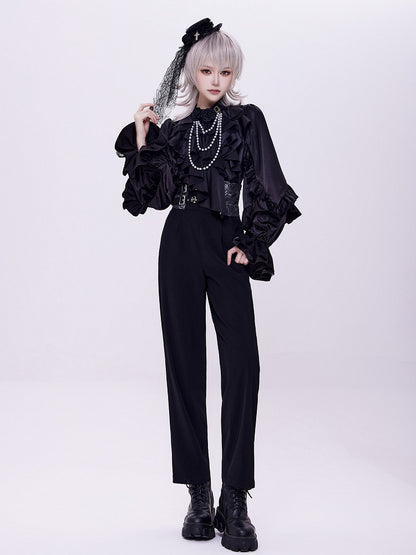 All-Black Ruffled Bodice Shirt with Flounce Trim and Long Sleeves - DevilInspired Exclusive Collection