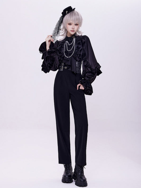 High-Waist Black Ouji Pants with Rosette Print and Buckles - DevilInspired Exclusive Collection
