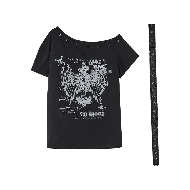 Y2K Black Cross Print Glamorous Belt with Waist T-Shirt