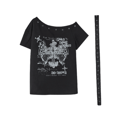 Y2K Black Cross Print Glamorous Belt with Waist T-Shirt