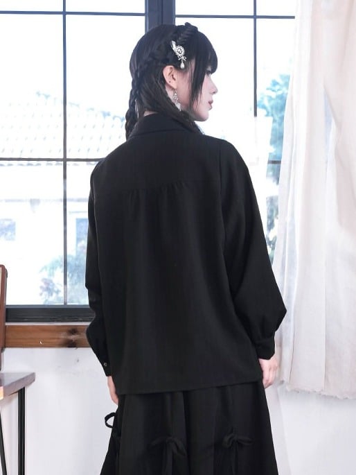 Gothic Long-Sleeve Shirt with Asymmetric Placket & Iris Print in Black Purple - Quirky Hut