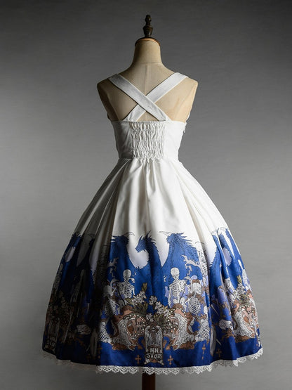 Cross and Blue Gothic Lace Trim with Skeleton Print Lolita Under Bust Dress White