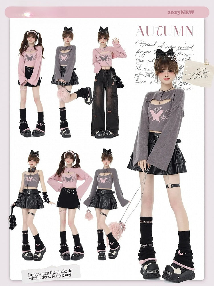 Gray Knit Bolero with Butterfly Print Camisole Ensemble - CRAZY GIRL