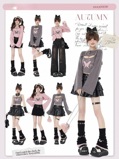 Gray Knit Bolero with Butterfly Print Camisole Ensemble - CRAZY GIRL