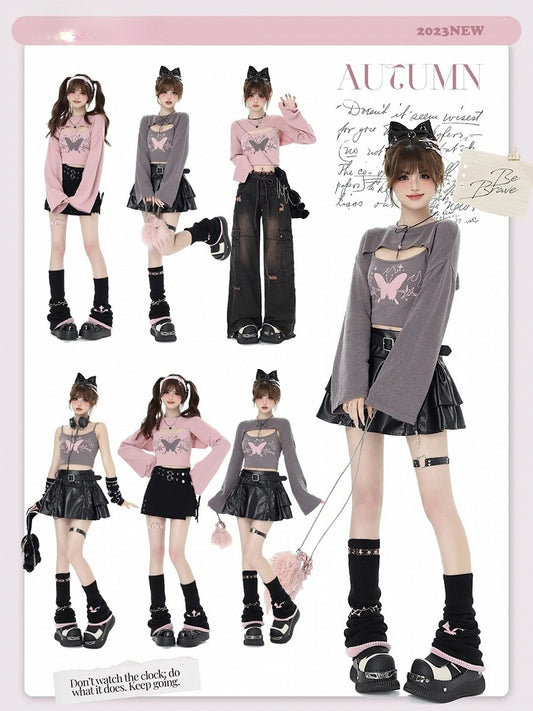 Gray Knit Bolero with Butterfly Print Camisole Ensemble - CRAZY GIRL