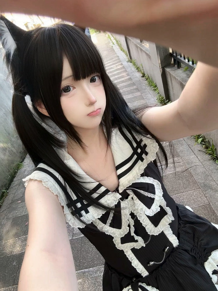 Black - Dollcore Open Dress Back Sailor White Trim Collar Lace Sleeveless Tiered Alternative