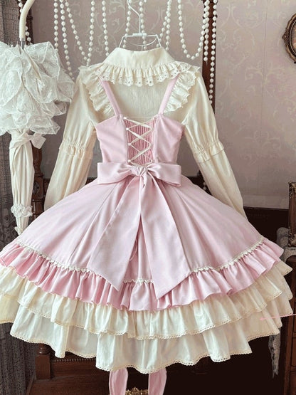 Lolita Heart Lace JSK and with Pink Sweet Dress Patch Ruffles Embellished Beige Bow