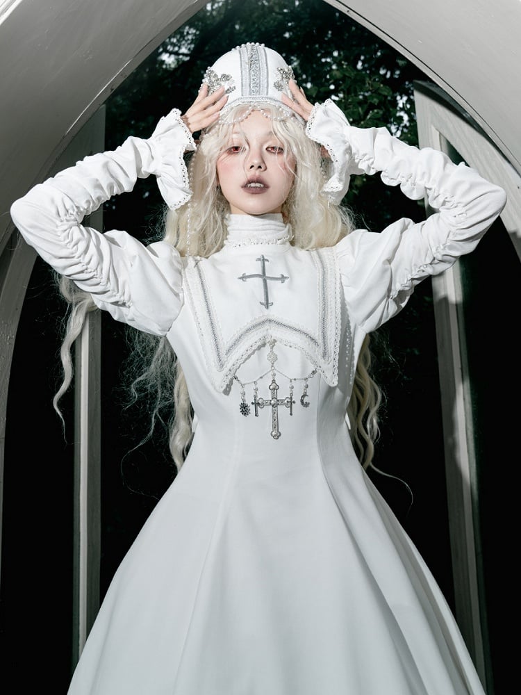 Mitra-Kreuz verzierte Perlenkette weiß mit päpstlicher Perle