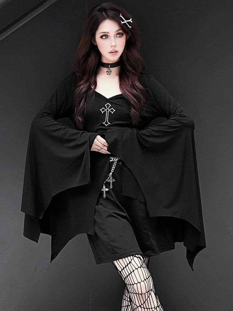 Gothic Punk Black Cross V-neck Flounce Bell Sleeves Dress with Waistchain Set