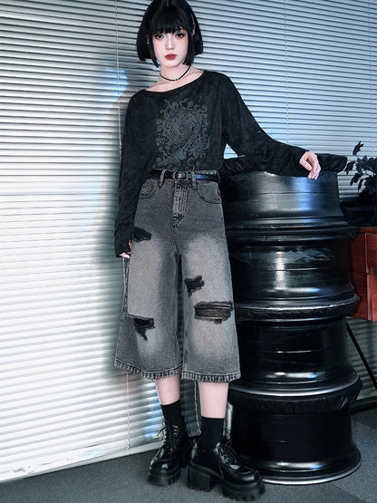 Distressed Denim Cropped Wide-Leg Pants - Quirky Hut